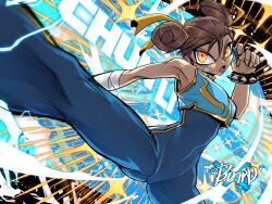 1girl :o absurdres adjusting_hair alternate_costume artist_name attack bare_shoulders beard_(artist) blue_bodysuit bodysuit bracelet breasts brown_eyes brown_hair bun_cover capcom character_name chinese_clothes chun-li closed_mouth covered_navel curvy double_bun dress hair_bun hair_ornament hair_ribbon highres jewelry jumping kicking official_alternate_costume ribbon serious shaded_face short_hair simple_background sleeveless sleeveless_bodysuit solo street_fighter street_fighter_zero_(series) unitard upper_body white_background wide_hips