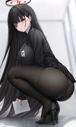 Rule 34 | 1girl, abpart, absurdres, ass, black footwear, black hair, black halo, black jacket, black pantyhose, blazer, blue archive, blunt bangs, blurry, blurry background, blush, breasts, bright pupils, clothes lift, commission, commissioner upload, full body, hair behind ear, hair ornament, hairclip, halo, high heels, highres, holding, holding tablet pc, id card, jacket, large breasts, legs, long hair, long sleeves, looking at viewer, non-web source, panties, panties under pantyhose, pantyhose, parted lips, picking up, pleated skirt, red eyes, rio (blue archive), skirt, skirt lift, squatting, sweater, tablet pc, thighs, turtleneck, turtleneck sweater, underwear, very long hair, white sweater