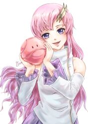 1girl 2017 :d artist_name detached_sleeves gundam gundam_seed hair_ornament hands_up haro holding lacus_clyne long_hair long_sleeves looking_at_viewer morere open_mouth pink_hair pink_lips purple_eyes purple_skirt shirt signature simple_background skirt smile solo white_background white_shirt white_sleeves