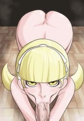 1boy 1girl :&gt;= alice_(megami_tensei) animated animated_gif ass ass_shake atlus blonde_hair cum cum_in_mouth fellatio hairband highres loli looking_at_viewer majinbel moaning music oral penis persona pov shin_megami_tensei tagme video