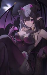 absurdres bare_shoulders blush breasts cleavage commentary commission demon_horns demon_tail english_commentary fishnet_pantyhose fishnets hair_wings highres hiroside horns indie_virtual_youtuber kaiviss_(vtuber) night night_sky pantyhose pointy_ears purple_eyes purple_hair see-through_cleavage see-through_clothes sitting skeb_commission sky tail thighhighs torn_clothes torn_pantyhose