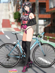 1girl :d amagamido bare_shoulders bike_jersey bikini bikini_bottom_only black_footwear black_hair black_thighhighs blue_eyes blurry blurry_background blush breasts clothes_writing copyright_name day elbow_gloves eyewear_on_head female_focus fingerless_gloves full_body gloves high_heel_sneakers high_heels highres looking_at_viewer medium_breasts nanase-chan_ntr! nanase_(amagamido) no_pants open_mouth outdoors over-rim_eyewear pink-framed_eyewear pink_bikini pink_gloves road semi-rimless_eyewear sidelocks skindentation sleeveless smile solo sports_bikini sportswear standing street swimsuit thighhighs town