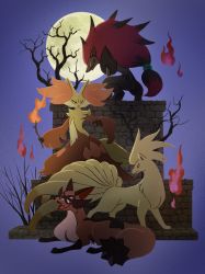 animal_ear_fluff bare_tree closed_mouth commentary_request delphox fangs fire gen_1_pokemon gen_5_pokemon gen_6_pokemon gen_8_pokemon green_eyes highres holding holding_stick moon ninetales nintendo open_mouth pokemon pokemon_(creature) smile standing stick thievul tongue tree uninori zoroark