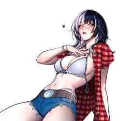 Rule 34 | 1girl, belt, belt buckle, black hair, black nails, blue shorts, breasts, brown belt, buckle, cosplay, denim, denim shorts, fif 228, grey hair, heart, highres, hololive, hololive english, kwon eun-bi, kwon eun-bi (cosplay), large breasts, long hair, multicolored hair, navel, open clothes, open shirt, photo-referenced, plaid clothes, plaid shirt, red shirt, shiori novella, shirt, short shorts, shorts, simple background, solo, split-color hair, two-tone hair, virtual youtuber, white background, yellow eyes