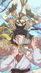 Rule 34 | 2girls, antenna hair, arms up, bandaged arm, bandaged leg, bandages, bandana, barefoot, belt, black belt, black hair, bra, brown eyes, dougi, feet, female focus, femdom, fingerless gloves, gloves, ibuki (street fighter), karate gi, leg grab, leg lock, makoto (street fighter), multiple girls, neck ribbon, nickrikku, ninja, ponytail, red bra, ribbon, scarf, short hair, smelling, smelling feet, street fighter, street fighter iii (series), tomboy, torn clothes, underwear