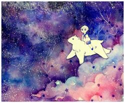 1boy bare_arms bare_legs bear black_eyes blue_sailor_collar blue_shoes blue_shorts border cloud commentary english_commentary excited flying full_body grey_hair looking_ahead lovepeace-s male_focus neckerchief night night_sky open_mouth original painting_(medium) polar_bear red_neckerchief riding riding_animal sailor sailor_collar sailor_shirt shirt shoes short_hair short_sleeves shorts signature sky smile solo star_(sky) star_(symbol) starry_sky traditional_media watercolor_(medium) white_border white_shirt
