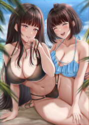 Rule 34 | 2girls, absurdres, ahoge, arm support, beach, bikini, black bikini, blue bikini, blush, breasts, brown eyes, brown hair, closed eyes, commentary request, day, facing viewer, frilled bikini, frills, grin, hand in own hair, hand on another&#039;s thigh, hand up, highres, large breasts, lens flare, long hair, looking at viewer, mole, mole on breast, mole under eye, multi-strapped bikini bottom, multiple girls, navel, nori chazuke, o-ring, o-ring bikini, o-ring bottom, o-ring top, open mouth, original, outdoors, palm leaf, sand, short hair, sitting, smile, swimsuit, thigh gap, very long hair, yokozuwari