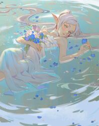 1girl afloat choker commentary dress earrings elf english_commentary flower frieren green_eyes grey_hair highres holding holding_flower jewelry long_hair petals petite pointy_ears solo sousou_no_frieren strap_slip teardrop_earrings twintails very_long_hair vickypyon white_choker white_dress