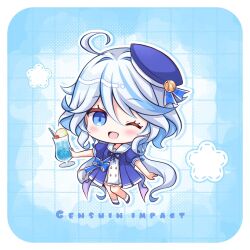 Rule 34 | 1girl, ;d, ahoge, blue background, blue dress, blue eyes, blue hat, blue pupils, blue streaks, blush, chibi, chibi only, commentary request, copyright name, cup, dress, drop-shaped pupils, full body, furina (genshin impact), genshin impact, hair between eyes, hat, holding, holding cup, kashiwadokoro, looking at viewer, multicolored hair, one eye closed, open mouth, smile, solo, streaked hair, symbol-shaped pupils, white hair