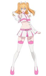 1girl 2.5_jigen_no_ririsa :d amano_ririsa bare_shoulders blonde_hair blue_eyes boots breasts cosplay crop_top detached_sleeves dot_nose full_body highres liliel_(2.5_jigen_no_ririsa) liliel_(2.5_jigen_no_ririsa)_(cosplay) long_hair long_sleeves medium_breasts midriff miniskirt navel open_mouth pleated_skirt shoes simple_background skirt smile solo standing stomach teeth thigh_boots thighhighs upper_teeth_only white_background wig zettai_ryouiki