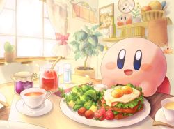 1boy :d blue_eyes blush bookshelf bottle bow cake cake_slice cherry_tomato clock commentary cup doll food framed_image fried_egg fruit highres indoors jam king_dedede kirby kirby_(series) lettuce looking_at_viewer male_focus meta_knight nintendo open_mouth photo_(object) plant plate potted_plant rainbow_gradient red_bow salad sandwich shelf smile solid_circle_pupils solo spoon star_(symbol) strawberry sunlight table teacup tomato vul3hl0smteyk1z waddle_dee window wine_bottle wooden_spoon yarn yarn_ball