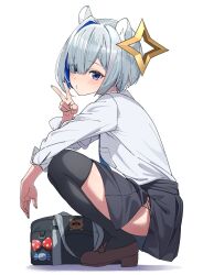 1girl absurdres alternate_costume amane_kanata animal_ear_fluff animal_ears arm_on_knee asymmetrical_bangs asymmetrical_hair bag black_skirt black_thighhighs blue_hair blue_necktie bob_cut breast_pocket brown_shoes colored_inner_hair commentary_request cross-laced_slit dress_shirt eru_(l_illust45) extra_ears from_side full_body grey_hair hair_over_one_eye halo hamster_ears hand_up highres hololive light_blush loafers long_sleeves looking_at_viewer miniskirt multicolored_hair necktie o3o parted_bangs pink_hair pleated_skirt pocket pokobee purple_eyes school_bag school_uniform shirt shirt_tucked_in shoes short_hair side_slit simple_background single_hair_intake skirt solo squatting star_halo streaked_hair thighhighs three-quarter_sleeves upao_(amane_kanata) v virtual_youtuber white_background white_shirt