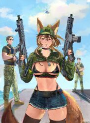 1girl 2boys aircraft ak-74 animal_ears assault_rifle bikini black_bikini black_choker black_thighhighs blue_sky blush breasts brown_hair callisto_(greyeth) canadian_flag choker cloud commission cowboy_shot cropped_jacket denim denim_shorts dog_tags dual_wielding fox_ears fox_tail gun helicopter highleg highleg_bikini highres holding kalashnikov_rifle large_breasts leaf looking_at_viewer maple_leaf multiple_boys ocean one_eye_closed optical_sight orange_eyes original rifle shiny_skin short_shorts shorts sig_mcx sig_mpx sky smile submachine_gun sunglasses swimsuit tail thighhighs trigger_discipline usergore weapon