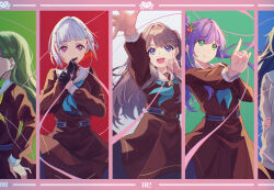 5girls :d aqua_neckerchief arm_up black_gloves blue_background blunt_bangs bob_cut border brown_cardigan brown_dress brown_hair cardigan clenched_hand closed_mouth colored_inner_hair column_lineup commentary covering_own_mouth cowboy_shot diagonal_bangs dress flower fujishima_megumi gloves green_background green_eyes green_hair hair_bun hair_flower hair_intakes hair_ornament hairclip half_gloves hand_on_own_hip hand_over_own_mouth hasu_no_sora_school_uniform highres link!_like!_love_live! long_hair love_live! macken666 multicolored_hair multiple_girls murano_sayaka neckerchief ogami_sachi open_mouth otomune_kozue out_of_frame outstretched_arm pink_border pink_eyes pinky_out purple_eyes red_background red_flower red_hair sailor_collar sailor_dress school_uniform short_hair side_ponytail single_side_bun smile split_mouth streaked_hair tassel tassel_hair_ornament two_side_up virtual_graduation_commemoration virtual_youtuber white_background white_hair white_sailor_collar winter_uniform yellow_neckerchief yugiri_tsuzuri