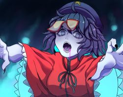 1girl bags_under_eyes black_hair black_neckwear blood blue_eyes blue_ribbon blurry blurry_background breasts newsboy_cap chinese_clothes colored_blood commentary english_commentary fangs fingernails hair_between_eyes hanaarts hat hitodama jiangshi lace-trimmed_sleeves lace_trim looking_at_viewer medium_breasts miyako_yoshika nail_polish ofuda open_mouth outstretched_arms pale_skin purple_blood purple_hat red_shirt ribbon sharp_fingernails shirt short_hair short_sleeves solo star_(symbol) tangzhuang teeth tongue touhou upper_body wide_sleeves zombie_pose