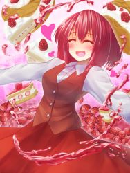 1girl blush cake closed_eyes food fruit heart jam okazaki_yumemi outstretched_arms red_hair shirt skirt smile strawberry strawberry_shortcake teruteru12 touhou touhou_(pc-98) vest