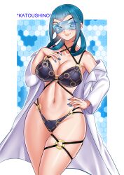 1girl absurdres artist_name bikini blue_bikini blue_eyes blue_hair blue_nails border breasts cleavage coat commentary cowboy_shot criss-cross_halter english_commentary glasses hair_rings halterneck hand_on_own_chest hand_on_own_hip highres katou_shinobu lab_coat large_breasts long_sleeves looking_at_viewer mable_(pokemon) navel nintendo o-ring o-ring_bikini o-ring_bottom o-ring_thigh_strap o-ring_top off_shoulder open_clothes open_coat outside_border parted_lips pokemon pokemon_legends:_z-a skindentation smile solo standing swimsuit thigh_strap very_long_fingernails white_border white_coat