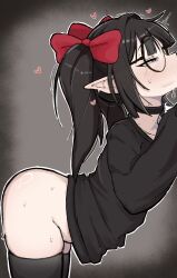 1girl ass bent_over black_hair black_shirt black_thighhighs blush bow choker ear_blush glasses gradient_background hair_bow heart implied_fellatio loli long_hair pointy_ears red_eyes rev_says_desu saliva shirt simple_background thighhighs throat_bulge twintails virtual_youtuber zlix0n