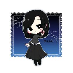 1girl alcali444 black_eyes black_hair black_pantyhose black_sweater blush border chibi chibi_only closed_mouth full_body hand_up head_tilt highres long_hair long_skirt looking_at_viewer ornate_border pantyhose parted_bangs shibasawa_yuri shirt shounen_no_abyss sidelocks skirt smile solo sweater turtleneck turtleneck_sweater white_background white_shirt