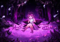 1other absurdres androgynous bare_arms bare_legs bare_shoulders barefoot black_flower child collared_dress commentary dress energy_wings english_commentary flower forest full_body glowing happy highres hitodama inister japanese_clothes len&#039;en looking_at_creature mushroom nature night night_sky on_grass open_mouth other_focus outdoors parted_bangs pink_eyes pink_hair shion_(len&#039;en) short_dress short_hair sitting sky smile solo teeth triangular_headpiece upper_teeth_only white_dress