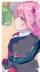 1girl black_jacket cat_tail collared_shirt commentary_request gunjo_shizuko hair_ornament highres hinamori_amu jacket long_hair looking_back pink_hair school_uniform shirt shugo_chara! solo sweatdrop tail twitter_username white_shirt x_hair_ornament
