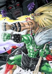 Rule 34 | 3boys, blonde hair, body fur, clenched hand, clenched teeth, colored skin, devimon, digimon, digimon (creature), digimon adventure, gears, green skin, grey hair, highres, leomon, lion, long hair, male focus, miura satoru, multiple boys, ogre, orgemon, punching, sharp teeth, teeth
