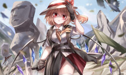 1girl absurdres alternate_costume alternate_headwear ascot black_coat black_gloves blonde_hair blue_sky blush bow coat collared_shirt commentary crystal crystal_wings day flandre_scarlet gloves hammer hands_on_headwear hat hat_bow highres holding holding_hammer looking_at_viewer moai multicolored_wings one_side_up open_clothes open_coat open_mouth outdoors red_bow red_eyes shirt signature sky solo symbol-only_commentary thighhighs top-exerou touhou white_hat white_shirt white_thighhighs wings yellow_ascot