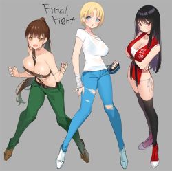 3girls :o belt_bra between_breasts black_hair black_legwear blonde_hair blue_eyes blue_pants breasts brown_hair cleavage cody_travers commentary_request copyright_name crossed_arms final_fight full_body genderswap genderswap_(mtf) green_pants grey_background guy_(final_fight) large_breasts long_hair looking_at_viewer mike_haggar multiple_girls open_mouth panties pants popqn red_eyes shirt short_hair simple_background standing t-shirt thighhighs torn_clothes underwear white_panties white_shirt yellow_eyes