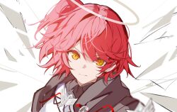 Rule 34 | 1girl, arknights, chinese commentary, closed mouth, collared shirt, commentary request, detached wings, energy wings, expressionless, exusiai (arknights), exusiai the new covenant (arknights), halo, highres, looking at viewer, medium hair, one side up, orange eyes, red hair, shirt, solo, sparks summer, traditional halo, upper body, white halo, wings