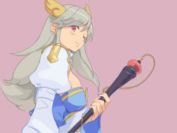 1girl arch_bishop_(ragnarok_online) blue_dress breasts cleavage_cutout closed_mouth clothing_cutout cross dress grey_hair head_wings holding holding_staff juliet_sleeves large_breasts long_hair long_sleeves looking_at_viewer looking_to_the_side meranie one_eye_closed pink_background puffy_sleeves ragnarok_online red_eyes simple_background smile staff two-tone_dress upper_body white_dress wings yellow_wings