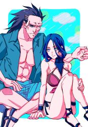 1boy 1girl arm_around_shoulder bare_shoulders bikini black_hair black_shoes bleach blue_hair blue_shirt bracelet breasts cleavage collared_shirt eyepatch hair_slicked_back highres hover_hand indian_style jewelry large_breasts open_clothes open_shirt parted_bangs sandals scar scar_across_eye scar_on_face shirt shoes sitting smile strikek-lvvjm27 string_bikini swimsuit unohana_retsu zaraki_kenpachi