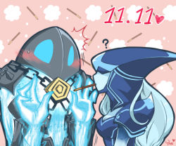 1girl ? artist_name blue_eyes blue_hair blue_skin blush chain colored_skin food hands_up heart hood hood_over_eyes league_of_legends lissandra_(league_of_legends) long_hair mouth_hold pocky sweatdrop xerath yan531