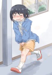 1girl between_legs black_hair blue_jacket blush closed_eyes drawstring embarrassed female_focus full_body hallway hand_between_legs highres indoors jacket kneehighs long_sleeves original paid_reward_available parted_lips pee peeing peeing_self ponnu_(tnpn2yw) running shoes short_hair shorts socks solo tearing_up uwabaki water_drop wet wet_clothes wet_shorts white_socks