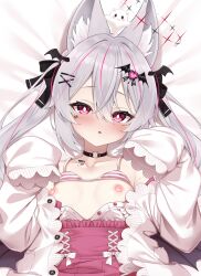 1girl :o animal_ear_fluff animal_ears bare_shoulders bat_hair_ornament bed_sheet black_bow black_choker blush bow bow_bra bra bra_lift breasts bright_pupils cardigan choker collarbone commentary_request commission dakimakura_(medium) fox_ears grey_hair hair_between_eyes hair_bow hair_ornament hairclip heart heart_hair_ornament high-waist_skirt highres jacket jirai_kei karin_(vrchat) long_hair long_sleeves looking_at_viewer lying mashirokuro multicolored_hair nipples o-ring o-ring_choker off_shoulder on_back open_cardigan open_clothes open_jacket open_mouth open_shirt panties parted_lips pink_bra pink_eyes pink_hair pink_skirt puffy_long_sleeves puffy_sleeves red_eyes shimo_(shimo332215) shirt skeb_commission skirt sleeves_past_fingers sleeves_past_wrists small_breasts solo streaked_hair striped_bra striped_clothes striped_panties twintails underwear upper_body vertical-striped_clothes vrchat white_jacket white_pupils white_shirt x_hair_ornament