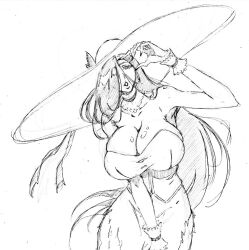 Rule 34 | 1girl, 2channel, black hair, breasts, cleavage, dress, gloves, greyscale, hair between eyes, hair over one eye, hasshaku-sama, hat, huge breasts, kubo tite (style), large breasts, long hair, long hair between eyes, looking at viewer, monochrome, one eye covered, open mouth, rakusakugk, simple background, smile, solo, sun hat, sundress, tall female, urban legend, very long hair, white background, white dress, white gloves, white hat