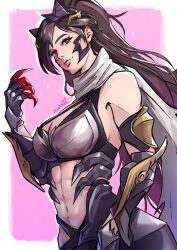 1girl abs animal_ears artist_name bare_shoulders border breasts brown_hair clawed_gauntlets cleavage closed_mouth crop_top detached_sleeves fake_animal_ears final_fantasy final_fantasy_vii final_fantasy_vii_ever_crisis grey_scarf highres large_breasts long_hair midriff navel official_alternate_costume pink_background ponytail red_eyes revealing_clothes scarf solo tifa_lockhart tifa_lockhart_(armor_of_the_worthy) torn_clothes torn_scarf upper_body white_border zureiil