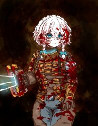 Rule 34 | 1girl, blood, blood on clothes, blood on face, blue bow, blue eyes, bodysuit, bow, braid, brown background, brown bodysuit, closed mouth, commentary request, cosplay, cowboy shot, dead space, expressionless, grey bodysuit, hair between eyes, hair bow, highres, holding, holding weapon, isaac clarke, isaac clarke (cosplay), izayoi sakuya, korean commentary, long bangs, looking afar, looking to the side, maid headdress, medium hair, plasma cutter, rampa93, solo, touhou, twin braids, vambraces, weapon, white hair