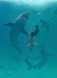 1girl back barefoot bikini bikini_bottom_only black_hair blue_theme breasts bubble commentary dark_skin english_commentary fishing_line floating_hair full_body great_white_shark hairband headband long_hair manta_ray monochrome net ocean original shark sideboob small_breasts surrounded swimsuit symbol-only_commentary topless_female underwater vashperado very_long_hair water white_hairband