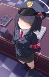 1girl absurdres aoto_mei arms_behind_back black_boots black_hair black_hat black_skirt blue_archive blue_jacket blunt_bangs blush boots closed_mouth green_eyes hair_over_eyes hat highres jacket long_hair necktie peaked_cap prefect_team_member_(blue_archive) red_necktie sex_toy shirt sidelocks skirt smile socks solo sweat vibrator white_shirt white_socks
