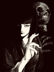1girl black_background black_hair greyscale highres hime_cut long_hair long_sleeves looking_at_viewer monochrome original skull solo teeth tp_p_pt