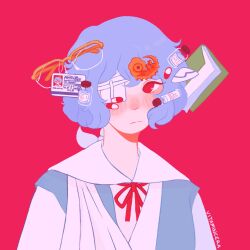 1girl artist_name ayanami_rei bad_id bad_twitter_id bandaged_arm bandages blue_dress blue_hair book bottle commentary dress embryo english_commentary expressionless eyepatch floating floating_object glasses highres id_card interface_headset_(evangelion) looking_at_viewer neon_genesis_evangelion one_eye_covered pill red_background red_eyes school_uniform shirt short_hair simple_background solo tokyo-3_middle_school_uniform upper_body vitamincera white_shirt