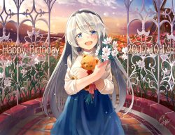 1girl 2017 :d black_hairband blue_eyes blue_skirt blush brick_floor brick_wall cage clannad cloud commentary dated female_focus fence field flower flower_field hairband happy_birthday holding holding_flower long_hair long_sleeves looking_at_viewer mountain naka_akira open_mouth red_ribbon ribbon sakagami_tomoyo shirt signature silver_hair skirt sky smile solo stuffed_animal stuffed_toy sunset teddy_bear very_long_hair white_flower white_shirt windmill