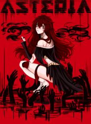 1girl absurdres asteria_(musician) bare_shoulders black_dress black_sleeves boots bright_pupils character_name cigarette closed_mouth commentary corset crossed_bangs detached_sleeves disembodied_hand double-parted_bangs dress english_commentary from_side hair_between_eyes hair_ornament hair_over_shoulder hand_up high_heels highres holding holding_cigarette knees_up long_hair looking_at_viewer meylish off-shoulder_dress off_shoulder red_background red_eyes red_hair red_theme sleeves_past_wrists smoke solo squatting thigh_boots white_boots white_corset white_pupils x_hair_ornament