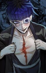 1boy black_background black_hair blue_background blue_eyes blue_hair blush collarbone drooling ear_piercing earrings eyepatch face_piercing hair_between_eyes japanese_clothes jewelry lip_piercing looking_at_viewer male_focus messy_hair multicolored_hair omokage_yugamu one_eye_covered open_clothes open_mouth piercing saliva scar scar_on_chest simple_background solo solo_focus the_hundred_line_-last_defense_academy-