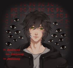 Rule 34 | ..., 1boy, bandaid, bandaid on cheek, bandaid on face, black eyes, black hair, black hoodie, bruise, bruise on cheek, bruise on face, degrees of lewdity, english text, green eyes, grey shirt, highres, hood, hoodie, injury, kylar (degrees of lewdity), kylar (male) (degrees of lewdity), open clothes, open hoodie, red pupils, shirt, short hair, solo, sora nothere