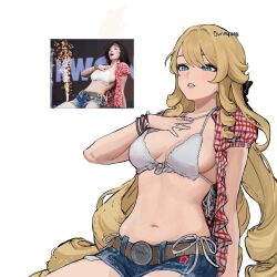 Rule 34 | 1girl, alternate costume, belt, blonde hair, blue eyes, blue shorts, bra, bracelet, breasts, brown belt, bunnyoki, checkered clothes, checkered shirt, cosplay, denim, denim shorts, drill hair, drill sidelocks, genshin impact, gingham shirt, hand on own chest, highres, jewelry, kwon eun-bi, kwon eun-bi (cosplay), long hair, medium breasts, navel, navia (genshin impact), open mouth, reference inset, shirt, shorts, sidelocks, simple background, solo, stomach, underwear, white background, white bra