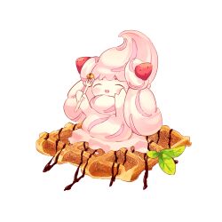 :d absurdres alcremie alcremie_(strawberry_sweet) blush chocolate closed_eyes commentary_request food fork fruit gen_8_pokemon highres holding holding_fork leaf nintendo no_humans open_mouth pokemon pokemon_(creature) smile solo strawberry tama_sakura waffle white_background