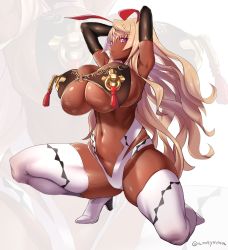 Rule 34 | 1girl, amamiya (abaros), armpits, blonde hair, boots, breast rings, breasts, bursting breasts, dark-skinned female, dark skin, highres, huge breasts, itou ittousai (sengoku bushouki muramasa), long hair, on one knee, pink eyes, purple eyes, revealing clothes, sengoku bushouki muramasa, shiny skin, solo, thigh boots, thighhighs, underboob, wavy hair, white thighhighs
