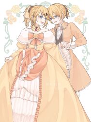 aku_no_musume_(vocaloid) allen_avadonia anniversary ascot bare_shoulders black_flower black_rose blonde_hair blue_eyes bow brooch brother_and_sister brown_vest chii1113 choker coat collarbone collared_coat collared_jacket collared_shirt colored_eyelashes dancing dress dress_bow dress_flower dress_ribbon evillious_nendaiki flower frilled_dress frills full_body gem hair_bow hair_ornament hairclip hand_on_another&#039;s_waist high_ponytail highres holding_hands jacket jewelry kagamine_len kagamine_rin narrow_waist off-shoulder_dress off_shoulder orange_bow orange_coat orange_jacket pants petticoat ponytail red_gemstone riliane_lucifen_d&#039;autriche rose shirt siblings skirt_hold smile swept_bangs twins updo vest vocaloid white_ascot white_pants white_shirt yellow_bow yellow_choker yellow_dress yellow_flower yellow_rose