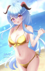 1girl absurdres ahoge alternate_costume bare_shoulders beach bikini blue_sky blush breasts cleavage cloud collarbone commentary_request cowboy_shot day ganyu_(genshin_impact) genshin_impact goat_horns gold_bikini golden_week golden_week_bikini hair_between_eyes hand_in_own_hair hands_up highres horns hyakuya_iori large_breasts long_hair looking_at_viewer navel open_mouth outdoors purple_eyes side-tie_bikini_bottom signature sky solo stomach sunlight swimsuit twitter_username very_long_hair water